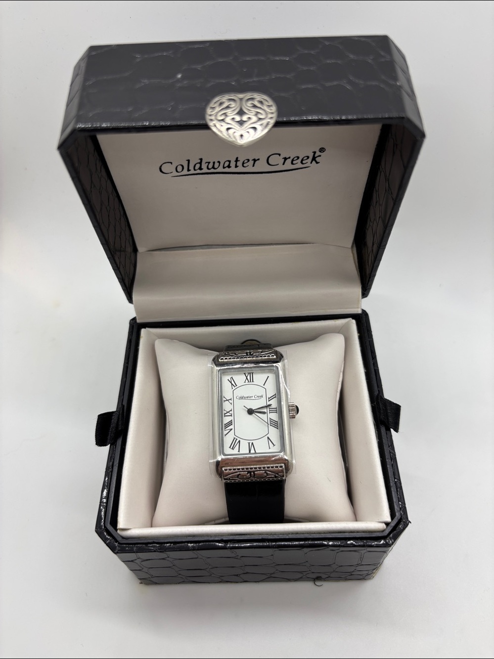 Coldwater Creek Crock N Scroll Watch with Black Leather Band in Original Box